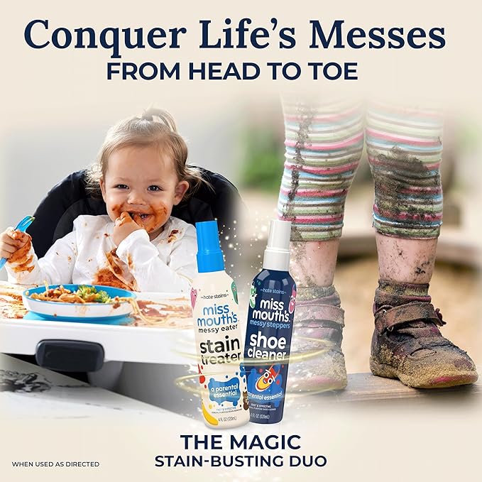 Miss Mouth's Messy Eater Stain Treater and Messy Steppers Shoe Cleaner Magic Duo - Stain Remover for Clothes, Carpet, Upholstery and Shoe Cleaner for Sneakers, Leather, Cloth, Mesh