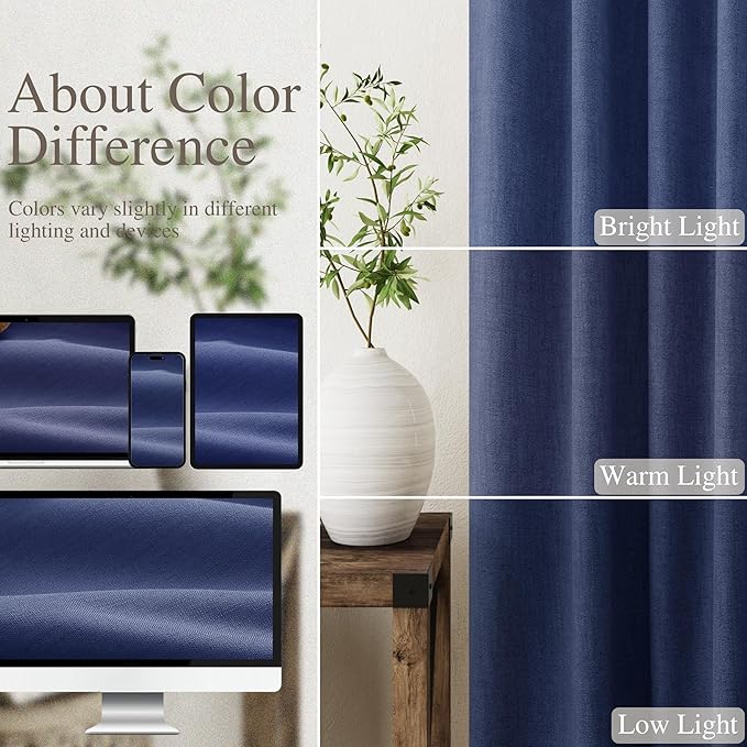 Nanspring 100% Blackout Linen Curtains 120 Inch Long 2 Panels Classic Blue Modern Urban Drapes Extra Long 10 FT Back Tab Pocket Thermal Insulated Curtains for Dining Room High Ceiling 52X120