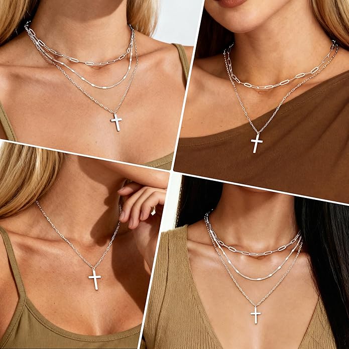 Layered Gold Necklaces for Women, Stackable Dainty 14K Gold Silver Plated Trendy Simple Heart Diamond Cross Bow Circle Pendant Paperclip Choker Dot Chain Necklace,Jewelry Set Gifts for Women