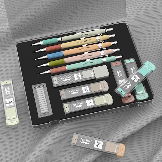 Mr. Pen- Mechanical Pencil Set, 5 Sizes, 0.3, 0.5, 0.7, 0.9, 2mm, Anti Skidding Grip Cute Mechanical Pencils, Sketching Pencils, Aesthetic Mechanical Pencils, Pastel Mechanical Pencils