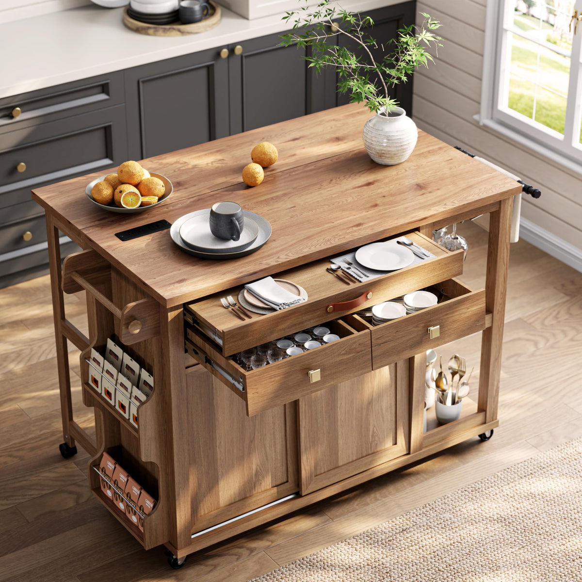 Kitchen Island with Storage & Charging Station, Rolling Kitchen Island Table on Wheels with Drop Leaf & 2 Drawers, Mobile Island Cart with Pull-Out Shelf, Spice Rack, for Dining Room (Natural)