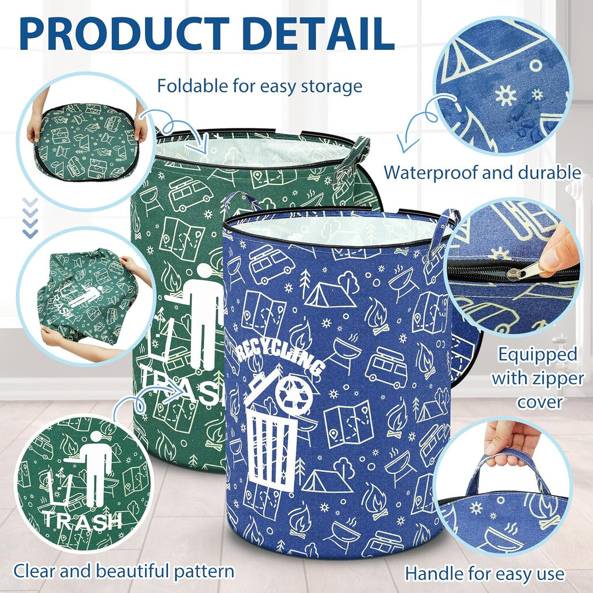 2 Pack Collapsible Trash Can Camping with Zippered Lid Foldable Storage Bin Portable Garbage Can for Outdoor Camping RV's Yard Waste (Trash and Recycling Style)