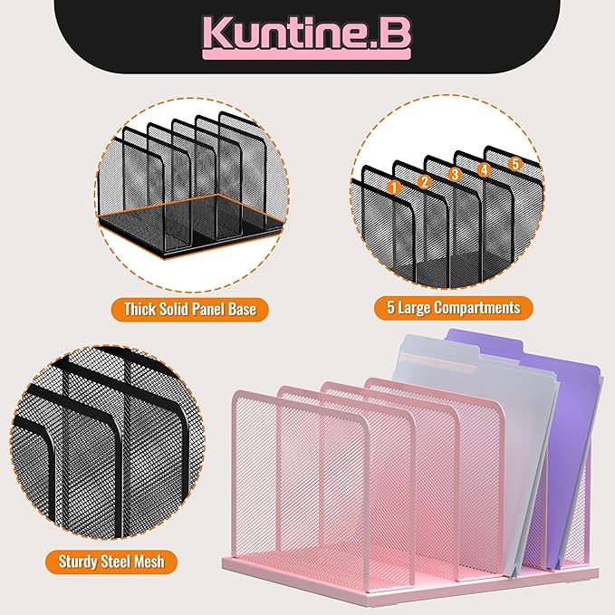 Kuntine.B Desk File Organizer Upright Mesh Desktop Organizer File Sorter Office Organization File Holder for Home, Office & Classroom (Pink, 1 Pack 5-Section)