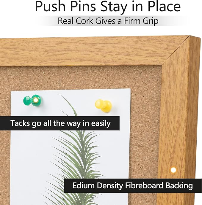 Board2by Cork Board Bulletin Board 18" x 24", Wood Framed Corkboards for Wall Decor, Hanging Office Message Board, Large Wall Mounted Notice Pin Board with 15 Push Pins for School, Home & Office