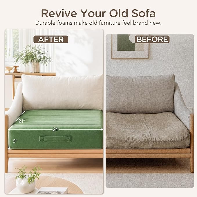 Codi Thick Replacement Couch Cushions, Upholstery Foam with Washable Covers for Sofa Cushion Chair Meditation - 24 × 24 × 5 Inch, High Density Foam, Green