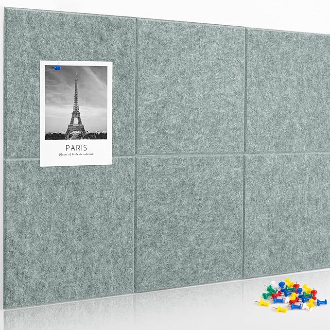AKTOP Cork Board Bulletin Board 24"x36", 6 Pack Removable Felt Cork Board Tiles for Wall, Large Corkboard Notice Pin Board for Office, School & Home,24 Safe Adhesive Tabs, 20 Push Pins, Grey
