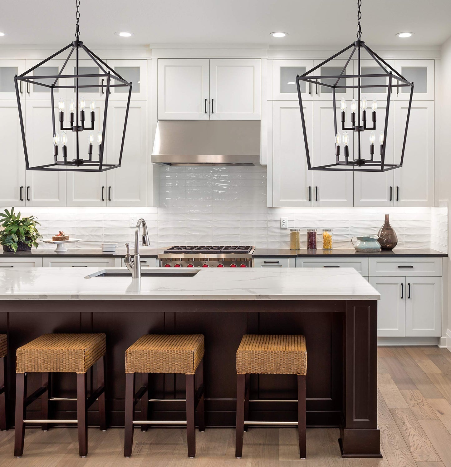 JONATHAN Y 20" Oil Rubbed Bronze Lantern Pendant Light, 8-Light Pagoda Style Metal Cage Farmhouse Hanging Ceiling Fixture for Kitchen Island, LED Bulb Included (JYL7438A)