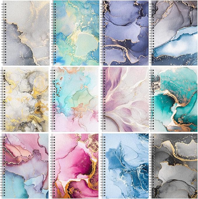 Fuutreo 12 Pcs Spiral Notebook for Work A5 8.3 x 5.7 Inch College Ruled Spiral Journal Notebook Kraft Cover Ruled Paper, 12 Color, 60 Sheets, 120 Pages for Office School(Marble Pattern)
