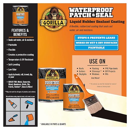 Gorilla Patch & Seal Liquid Rubber Waterproof Sealant, Black, 32 Ounce (Pack of 6) - Seals Out Water, Air, and Moisture