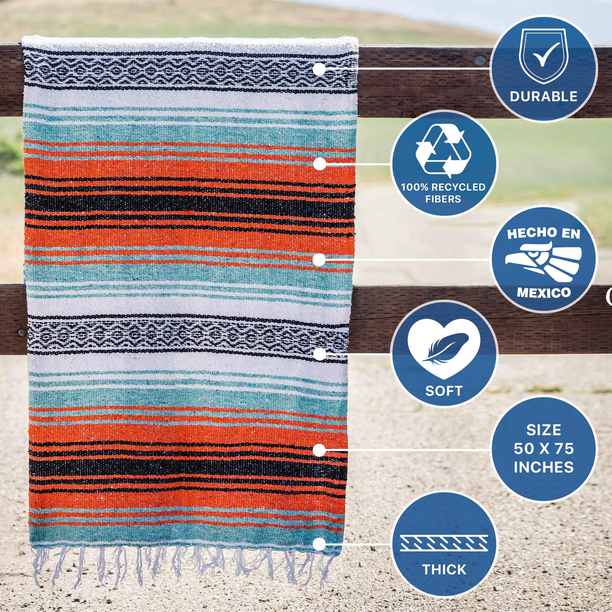Benevolence LA Authentic Handwoven Mexican Blanket | Yoga Blankets, Outdoor, Picnic, Beach, Camping | Equestrian Saddle | Serape 50x70 inches - Mandarin, Pack of 1