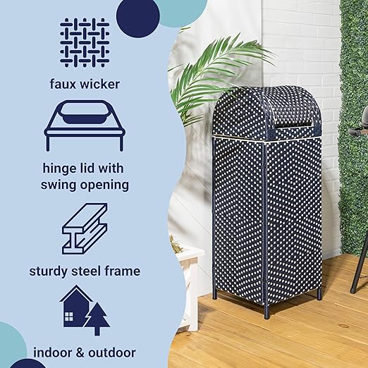 happimess HPM1202B Darla 31.39-Gallon All-Weather Wicker/Metal Swing Top Hideaway Outdoor Trash Can, Navy/White, Classic, Coastal, Casual Wastebin for Backyard, Patio, Porch, Kitchen