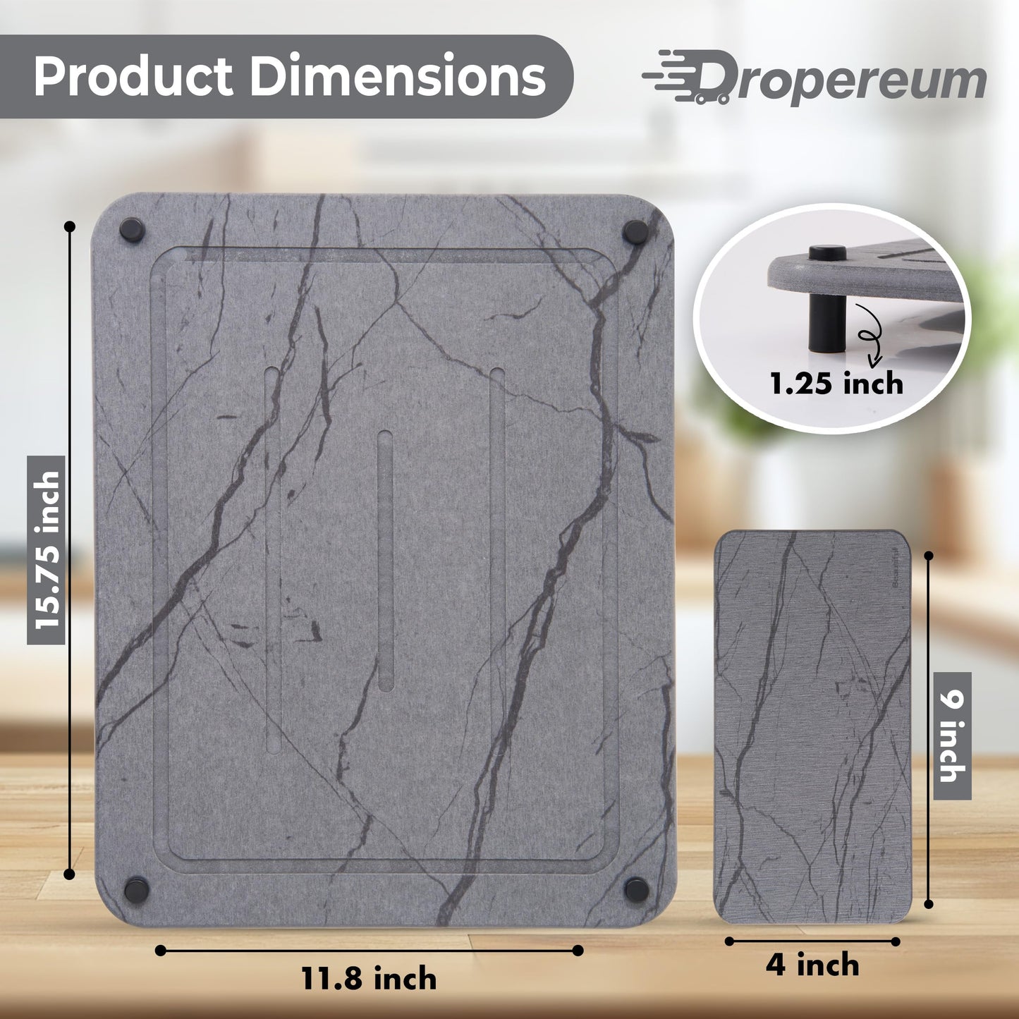 Stone Dish Drying Mat for Kitchen Counter, 100% Natural Drying Matt Kitchen Counter, Quick Drying, Non-Toxic, BPA-Free, Eco-Friendly Stone Dish Drying Mat (Dark Gray 15.7x11.8" & 8"x4")