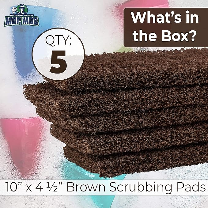Heavy Duty XL Brown Scouring Pad 5 Pack. 10 x 4.5in Large Multipurpose Nylon Scrubbing Sponges. Clean Bathrooms, Kitchens, Counters and Floors to Erase Grime and Make Surfaces Sparkle