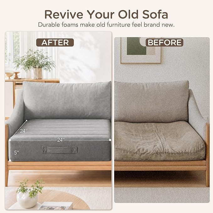 Codi Thick Replacement Couch Cushions 2 Sets, Upholstery Foam with Washable Covers for Sofa Cushion Chair Meditation - 24 × 24 × 5 Inch, High Density Foam, Grey