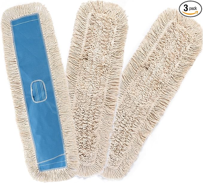 Matthew Cleaning 36'' Industrial Strength Cotton Dust Mop Refill Washable Replacement Heads for Residential & Commercial Use Fit Standard Dust Mop Frames, Hardwood, Concrete Floors Blue&White 3 Pack