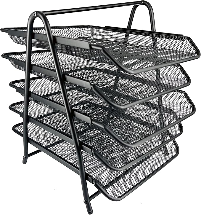 Huron Desktop Horizontal File Binder Organizer Storage Letter Tray, 5 Slot, Black Steel Mesh