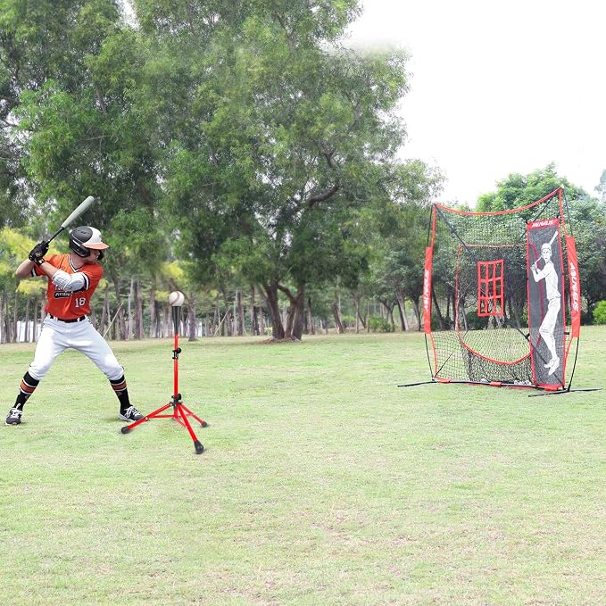 7'X7' Baseball Softball Practice Net,Pitching Net,Batting Net,with Baseball Tee,Bonus Strike Zone and Bow Frame,for Hitting,Pitching, Catching