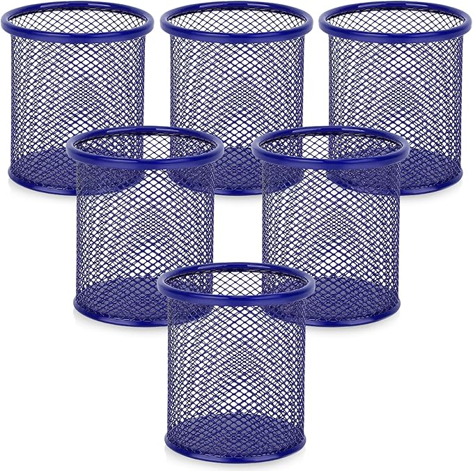 Segarty Pen Cup, 6 Pack Round Cute Dark Blue Pen Holder for Desk, Wire Mesh Pencil Holder Container Set, Desktop Organizer for Office Supplies, Maker, School, Home Storage, Makeup Brush
