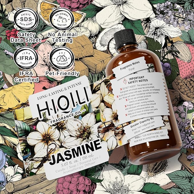 HIQILI Jasmine Fragrance Oil for Aromatherapy Diffuser, Floral Scent for Candle, Perfume Making, Skin Care, Laundry Essential Oil - 5.07 Fl Oz