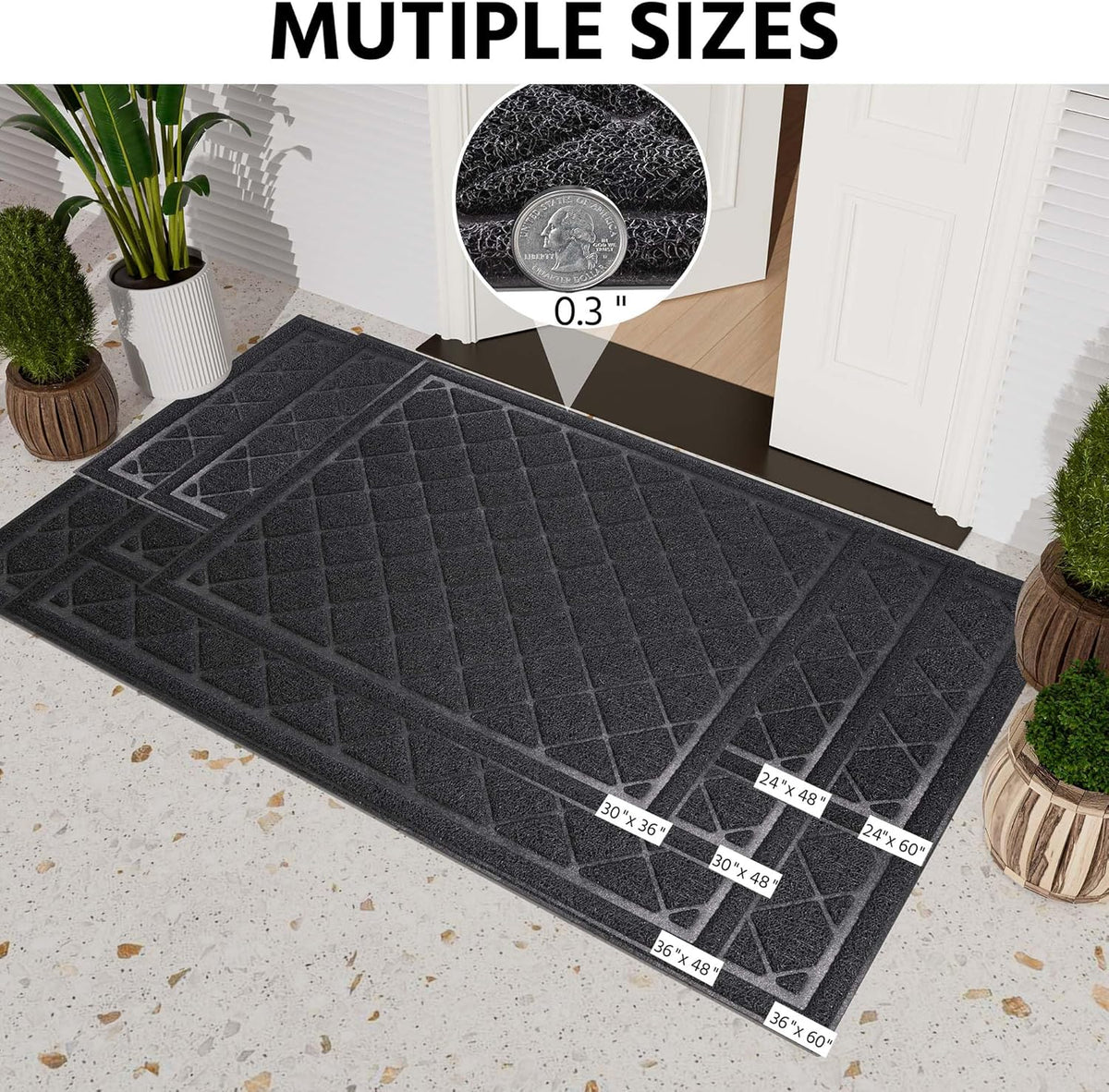 Front Door Mat Outside Entrance, 30" x 48" Heavy Duty All-Season All-Weather Waterproof Doormat Trap Dirt and Moisture Easy Clean Low Profile Patio Porch Entryway Mat