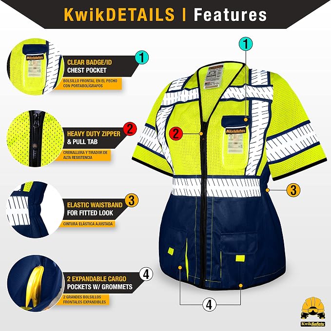 KwikSafety - Charlotte, NC - SHERIFF Class 3 Safety Vest for Women [REFLECTIVE FISHBONE TAPE] ANSI Tested OSHA Compliant Hi Vis PPE Work Gear/Blue XL