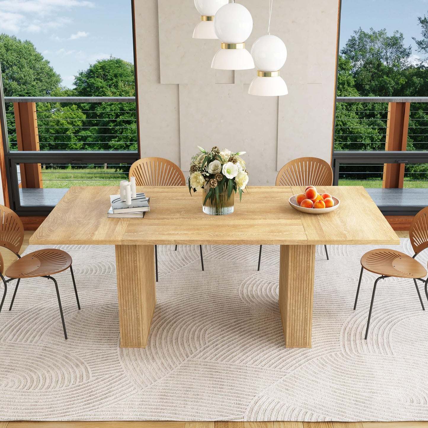 QHITTY 78 Inch Fluted Dining Table, Wood KitchenTable for 6 to 10, Farmhouse Long Rectangle Table with Strip Base for Dining Room, Kitchen Natural