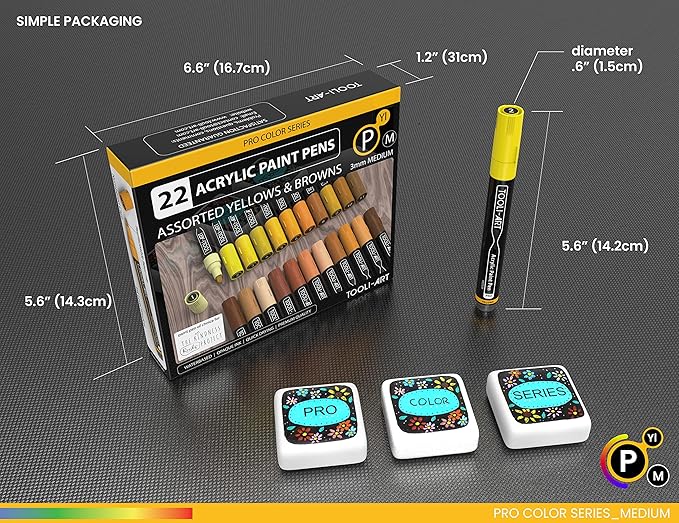 TOOLI-ART 22 Acrylic Paint Markers Paint Pens Pro Color Series Set 3mm Medium Tip for Rock Painting, Glass, Mugs, Wood, Metal, Glass Paint, Canvas, DIY. Non Toxic, Waterbased, Quick Drying (YELLOWS)