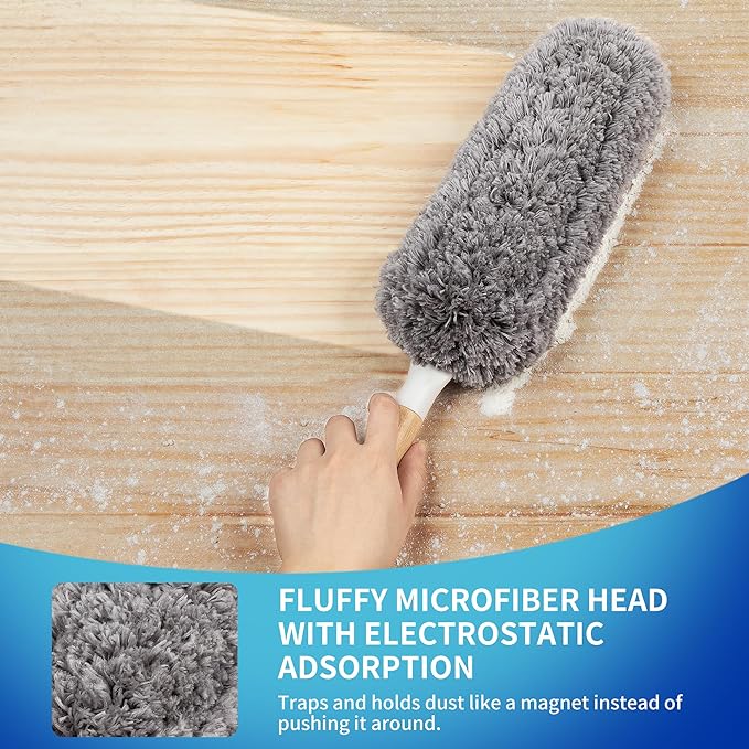 MR.SIGA Lint Free Microfiber Duster, Washable and Reusable Duster with Bamboo Handle and Replaceable Head, Duster for Household Cleaning