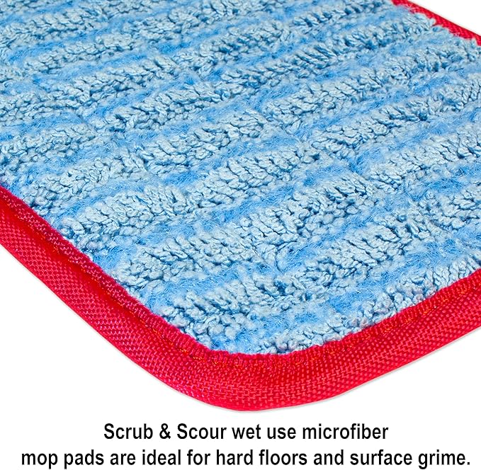 CleanAide Twist Yarn Microfiber Flat Mop Pad with Scrub Strips, Reusable Washable Wet & Dry for Dust, Dirt & Grime, Extra Absorbent, Hook and Loop Backing, Fits Standard 24 Inch Frames, Red