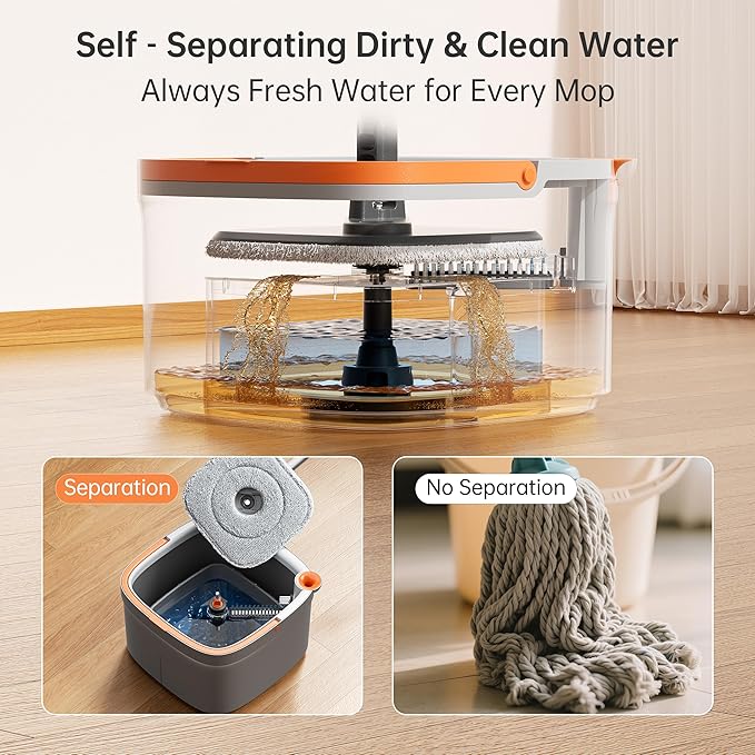 KZKR Spin Mop and Bucket Set with 6 Replaceable Microfiber Mop Pads with Self Separation Dirty and Clean Water System, Self Wringing 360° Rotating Square Mop Head for Hardwood Tile Marble Floors