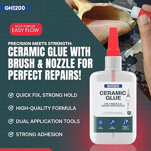 GH1200 Ceramic Glue Repair with Brush Applicator & Nozzle (20 g), Waterproof, Clear, Smooth. Fast Drying, Ceramic Glue for Pottery, Dishes, Mugs & More
