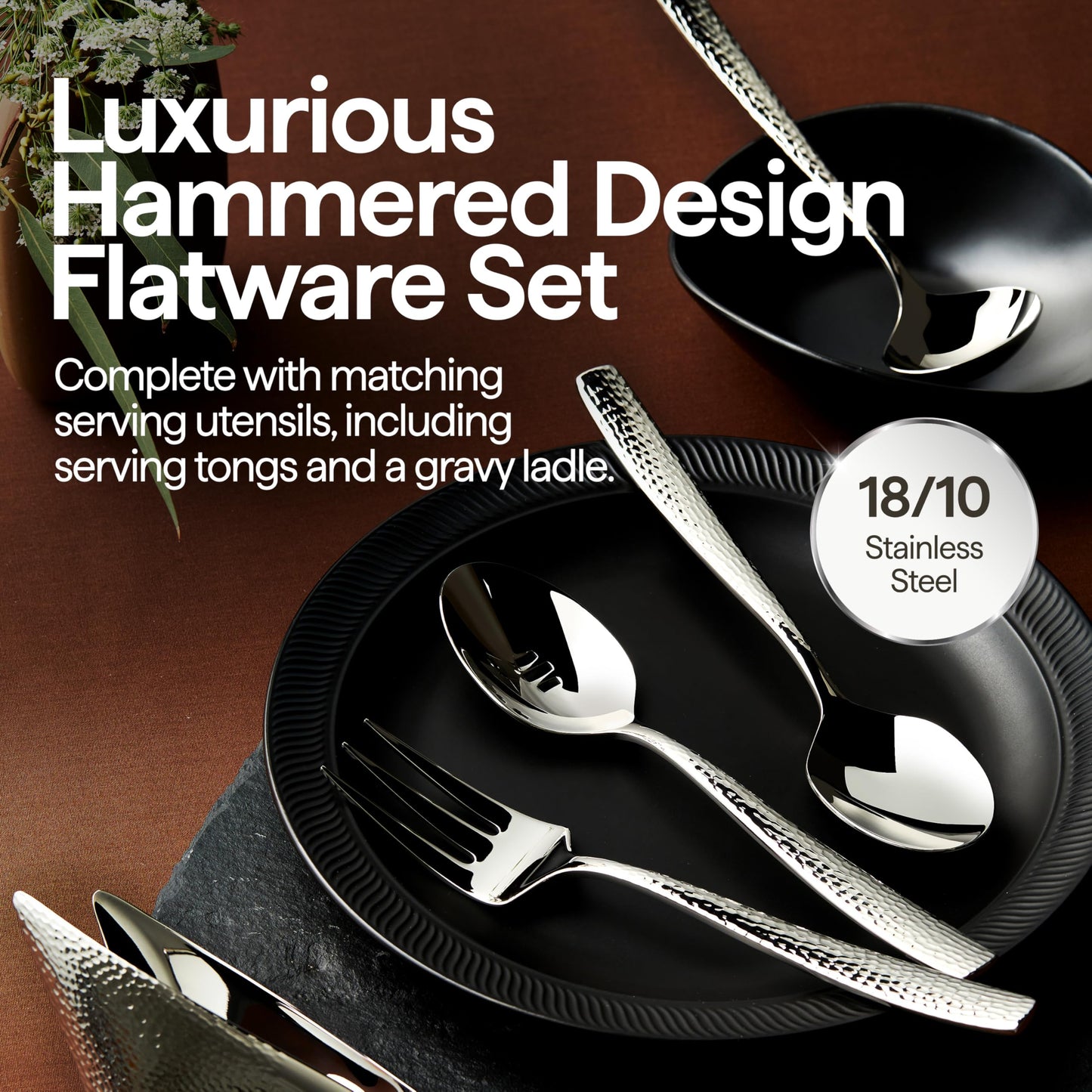Luciella Ponza Flatware Set for 12, 65-Piece Stainless Steel Silverware Set with Serving Utensils, Timeless Hammered Design, Rust-Resistant, Mirror Polished & Dishwasher Safe Mothers Day Gifts