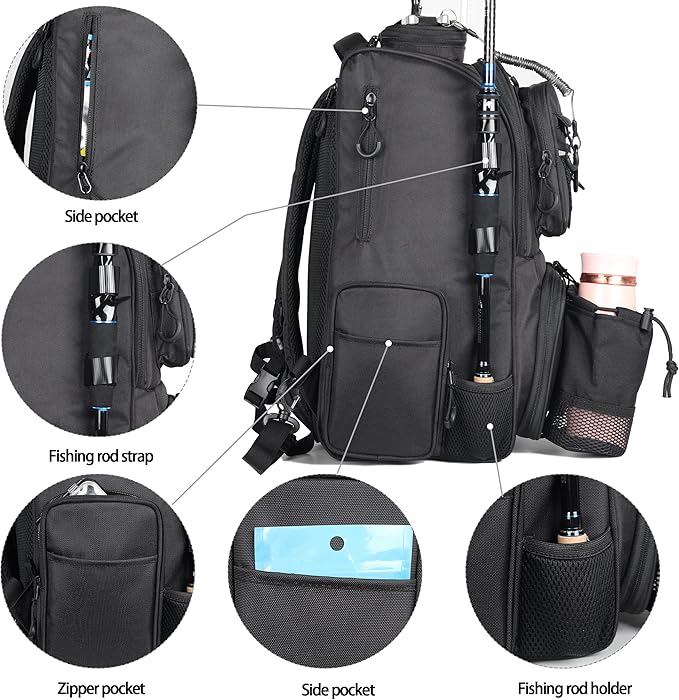 Fishing Tackle Backpack With Rod Holders, Large 40L Fishing Backpack for Camping, Hiking