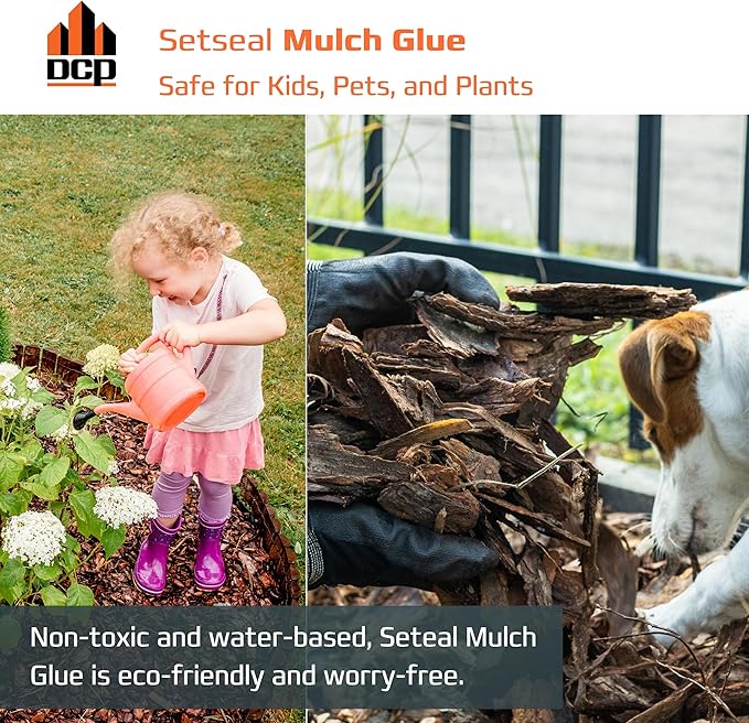 DCP Setseal Mulch Glue for Landscaping 1 Gallon - Gravel Stabilizer & Rock Glue - Works with Mulch, Pea Gravel, Pebble, Rubber Mulch, Large Gravel, Rocks - Ready-to-Use, Non-Toxic, Fast Drying