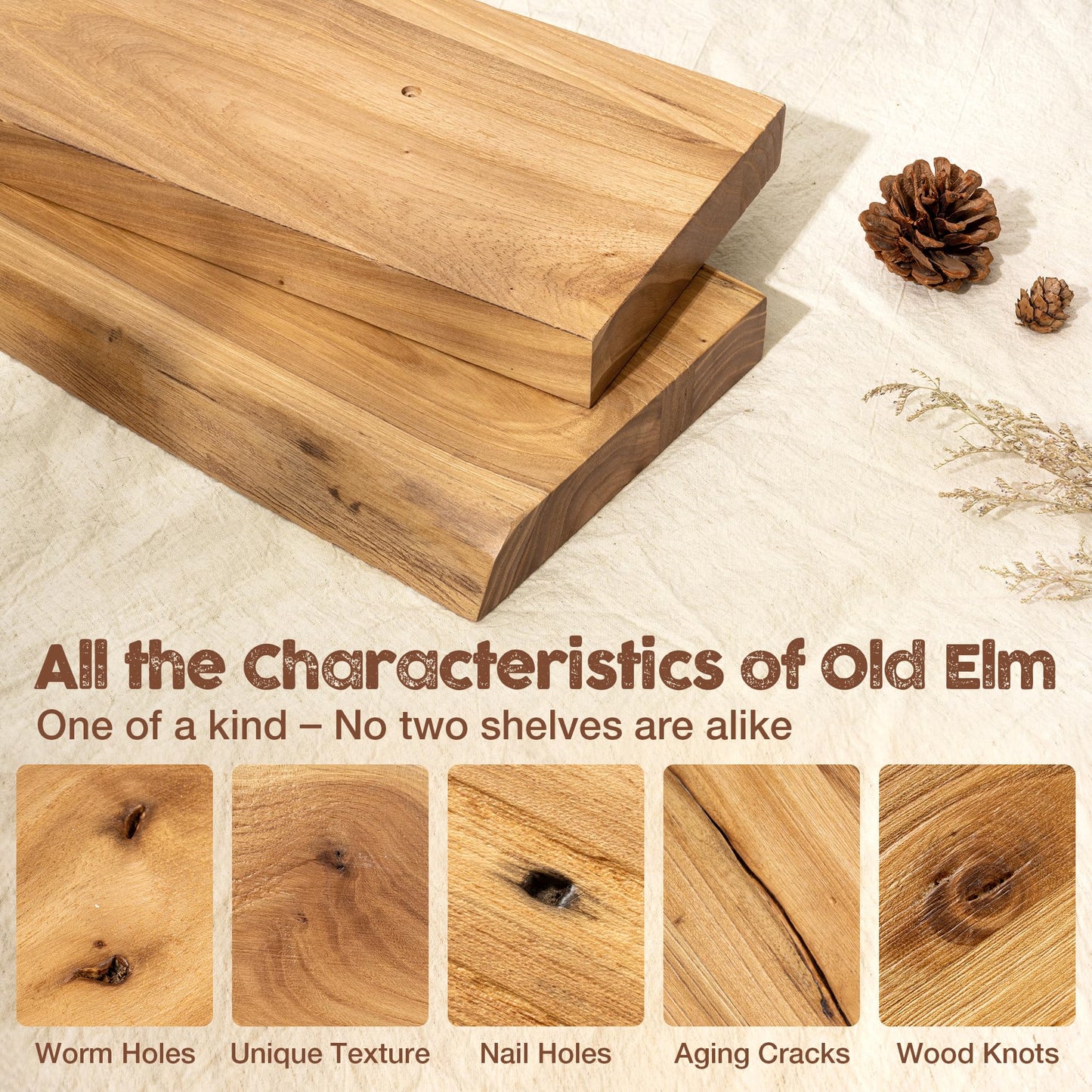 fuqing Floating Shelves for Wall, 30 inch Rustic Solid Elm Wood Floating Shelves, Wooden Wall Shelves with Invisible Heavy Duty Brackets for Living Room, Bedroom, Kitchen, Bathroom, 2 Pack, Natural
