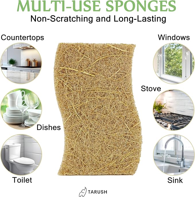 Tarush Natural Kitchen Sponges - Biodegradable Dish Scrubbers and Scouring Pads for Non-Scratch Scrubbing, Eponge Vaisselle and Eponge Melamine for Eco-Friendly Cleaning of Dishes, White/Brown