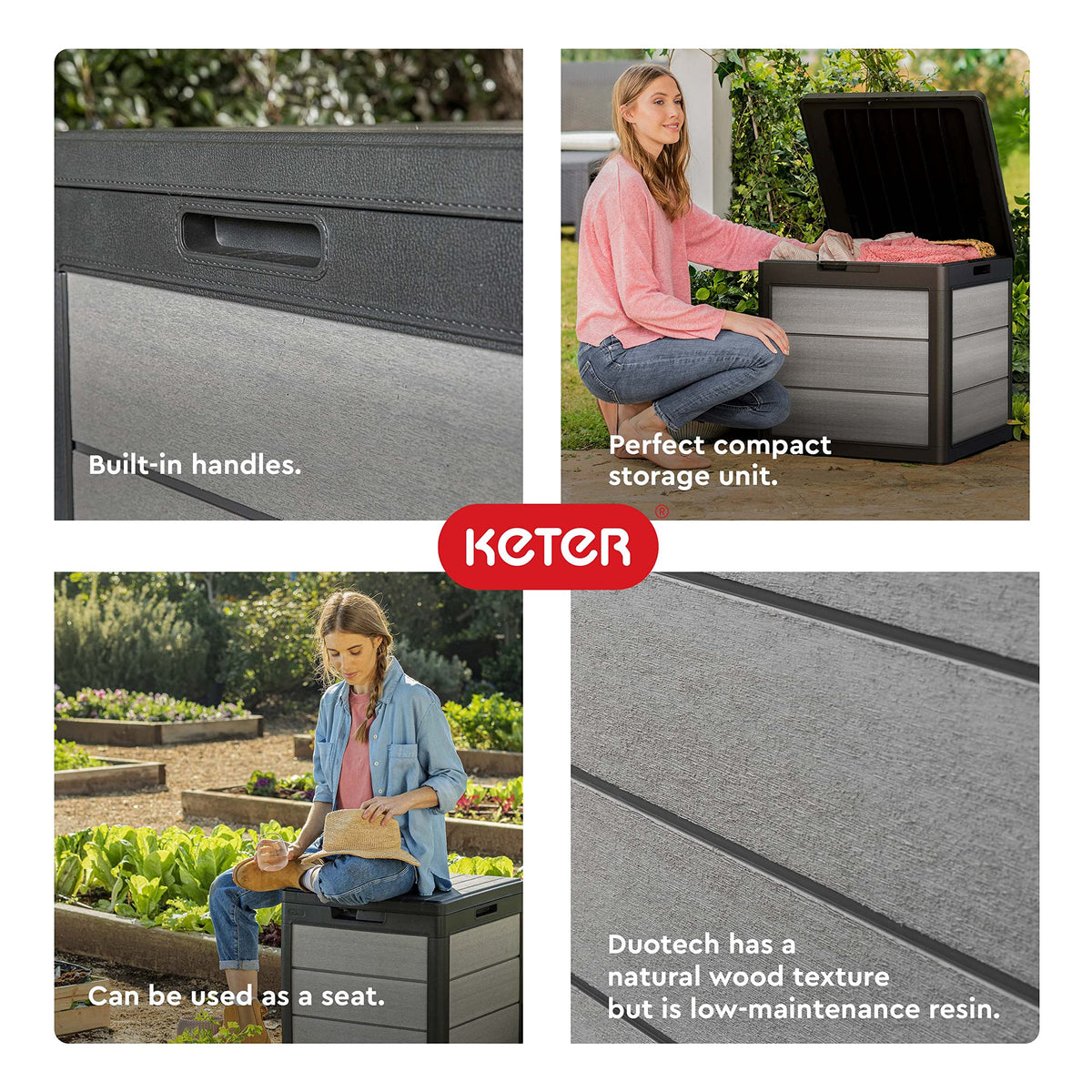 Keter Denali 30 Gallon Resin Outdoor Storage Box and Patio Furniture Side Table for Pool and Garden Accessories, Grey & Black