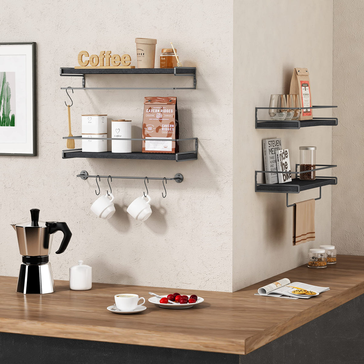 Forbena Black Floating Shelves for Bathroom Wall Set of 2, Kitchen Spice Rack Wall Mount, Modern Wood Hanging Wall Shelves for Bedroom Organizer, Restroom Pantry Closet Storage (Grey-Black)