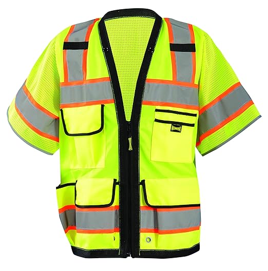 OccuNomix LUX-HDS2T3-Y4X Heavy Duty Solid/Mesh Two-Tone Surveyor Vest with Zipper, 8 Pockets, Class 3, 100% ANSI Polyester, 4X-Large, Yellow (High Visibility)