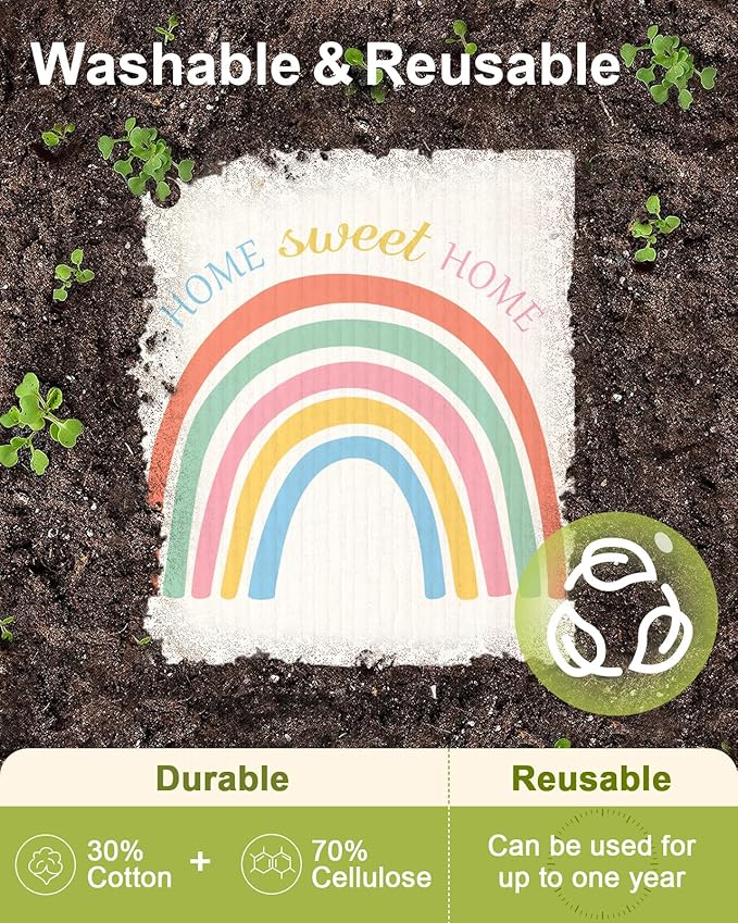 6 Pack Swedish Dishcloths for Kitchen - Reusable Dish Cloths for Washing Dishes Absorbent Cute Funny Kitchen Towels Cleaning Sponge, Rainbow