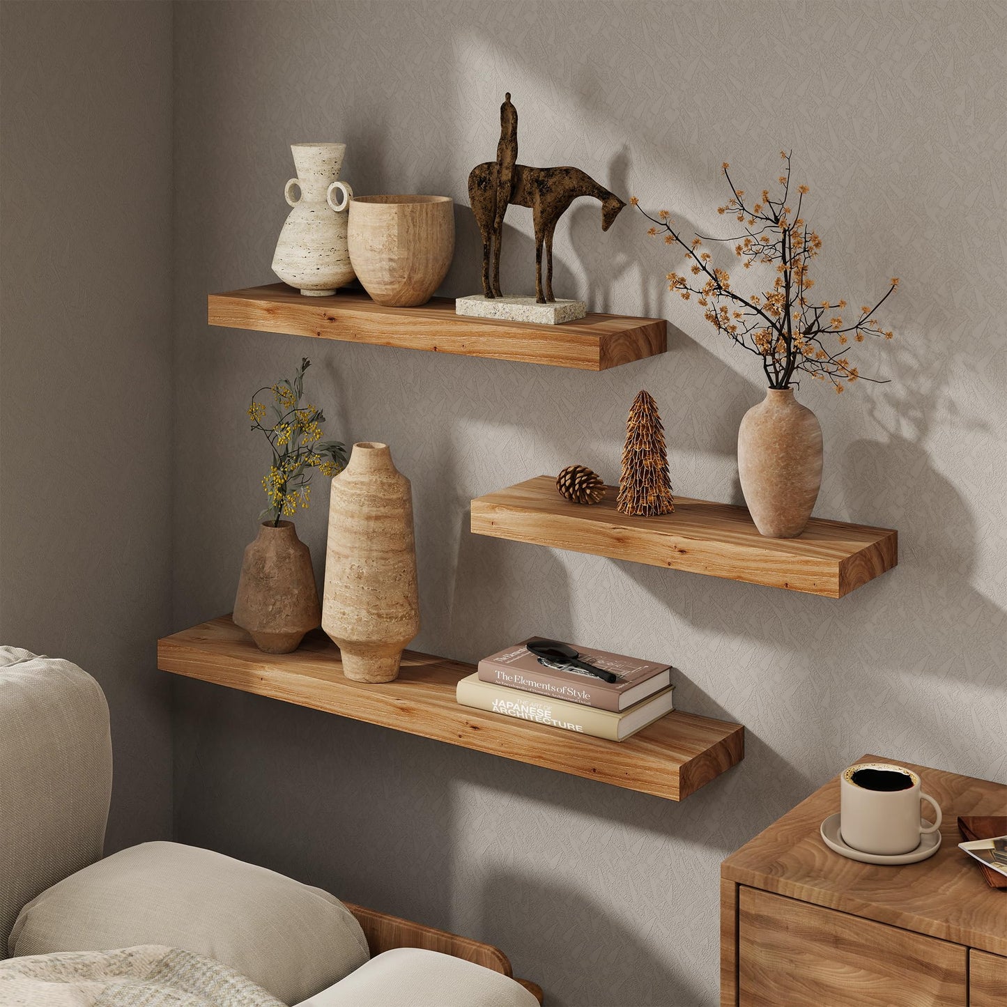 Marsmiles 30 inch Floating Shelves for Wall Solid Elm Wood Shelves|Rustic Wall Shelves with Invisible Heavy-Duty Bracket for Bathroom Living Room Kitchen|Natural, 2 Pack