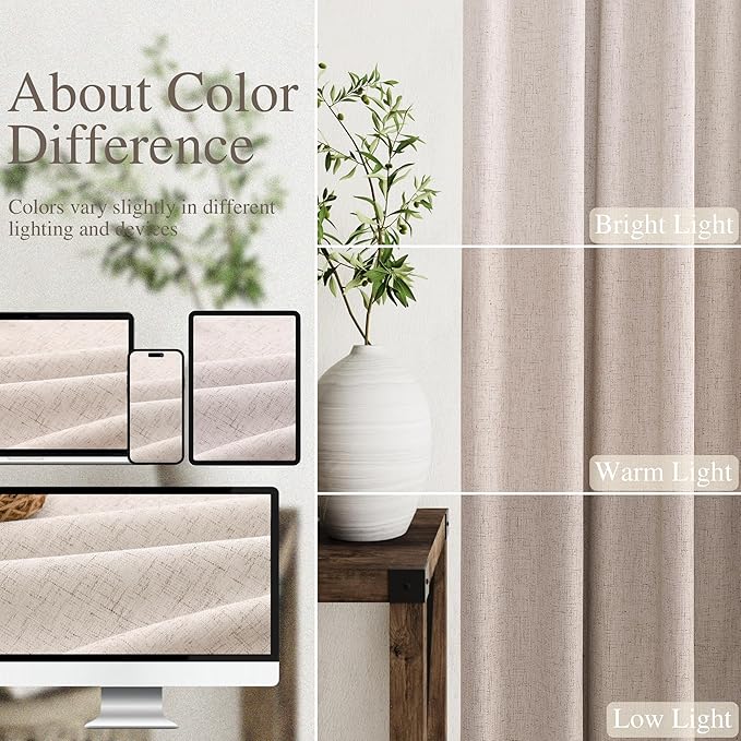 100% Blackout Linen Curtains 84 Inch Length 2 Panels Oatmeal Light Blocking Darkening Living Room Curtains 84 Inches Long Elegant Modern Back Tab Pocket Noise Reducing Drapes for Nursery 52X84