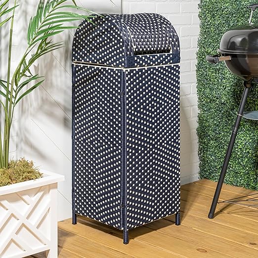 happimess HPM1202B Darla 31.39-Gallon All-Weather Wicker/Metal Swing Top Hideaway Outdoor Trash Can, Navy/White, Classic, Coastal, Casual Wastebin for Backyard, Patio, Porch, Kitchen
