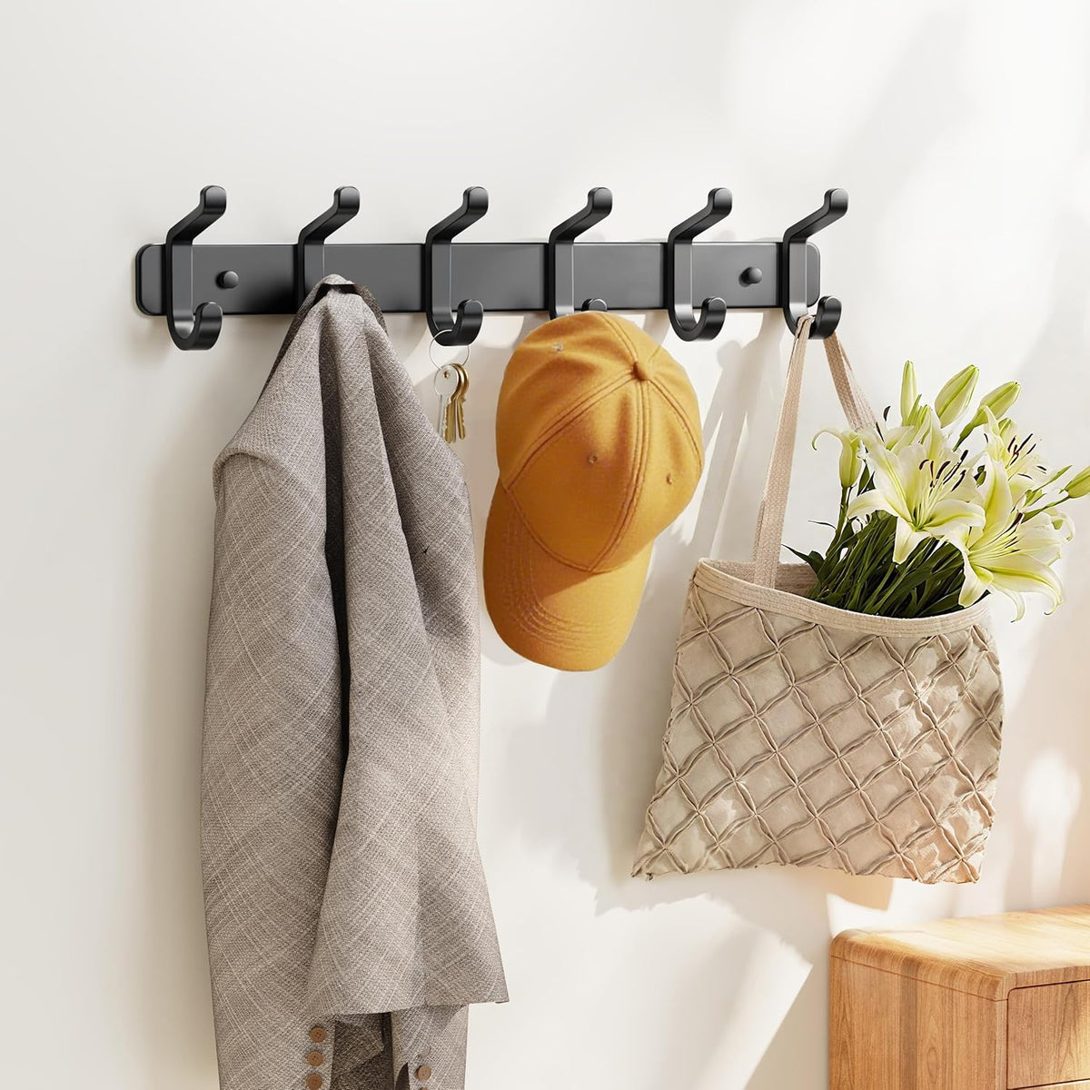 Coat Rack Wall Mounted Heavy-Duty: Metal Coat Hanger 6 Hooks for Hanging Hat, Clothes, Robe, Keys, Backpack, Bathroom Towels, Jacket, Purse - Closet, Door, Entryway, Mudroom (Black, 1 Pack)