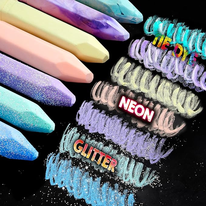 JOYIN 36 PCS Washable Sidewalk Chalks Set in 6 Packs, 18 Colors, Including 12 Tie Dye, 12 Glitter & 12 Neon Color Outdoor Chalks for Painting, Drawing, Gifts for Kids