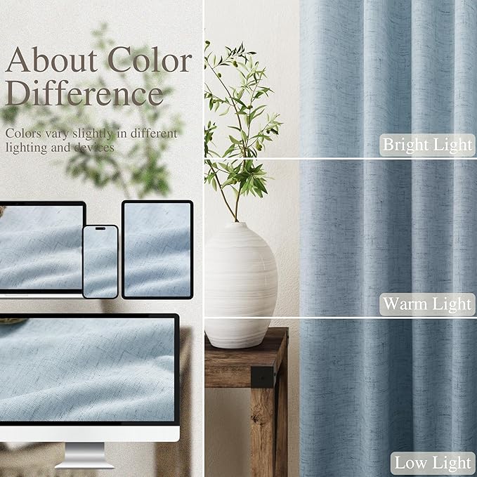 Nanspring Blue Linen 100% Blackout Curtains 95 inch Length Back Tab Rod Pocket Drapes Thermal Insulated Textured Living Room Black Out Curtains 2 Panels Set 52x95