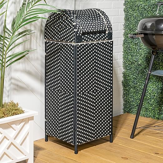 happimess HPM1202E Darla 31.39-Gallon All-Weather Wicker/Metal Swing Top Hideaway Outdoor Trash Can, Dark Navy/White, Classic, Coastal, Casual Wastebin for Backyard, Patio, Porch, Kitchen