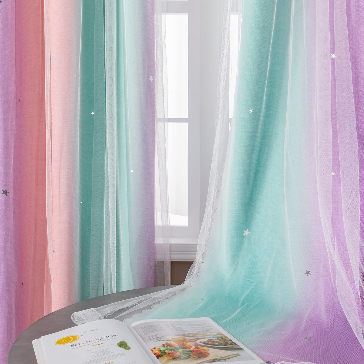 XiDi Curtains for Girls Bedroom Decor, Rainbow Blackout Curtains for Kids Room Decor, Purple for Little Girl Room, Unicorn Wall Decals Pink Curtains Green, 63 Inches Long 34 Wide 1 Panel