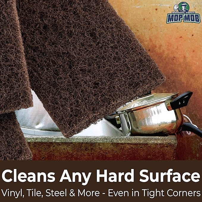 Heavy Duty XL Brown Scouring Pad 5 Pack. 10 x 4.5in Large Multipurpose Nylon Scrubbing Sponges. Clean Bathrooms, Kitchens, Counters and Floors to Erase Grime and Make Surfaces Sparkle