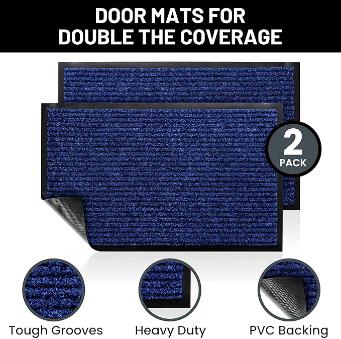 Sierra Concepts Front Door Mat Welcome Floor Mats - Entryway Indoor Outdoor Entrance Dog Doormat, Patio, Porch, Muddy Shoe, Inside Outside Low Profile, 30x17 inches, 2-Pack Blue